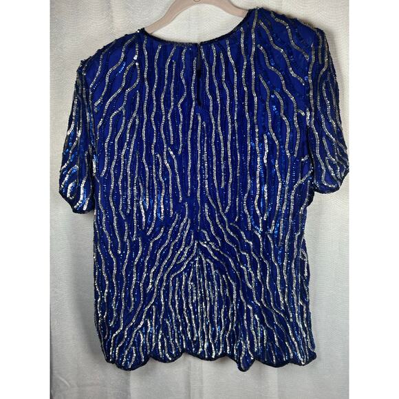 Jewel Queen 100% Pure Silk Sequined Short Sleeve Great Gatsby Style Blouse 2x - Picture 2 of 10